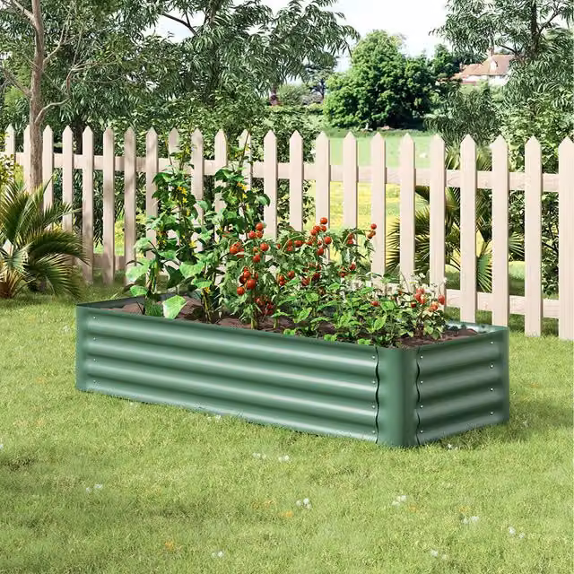 Livingandhome Green Metal Raised Garden Bed with Climbing Support and Rounded Corners, Width: 150 cm