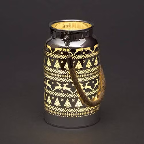 Shatchi Silver Christmas Decorated Jar Table Lamp with Etched Glass and LED Fairy Lights, H 16 cm x W 9 cm x D 9 cm