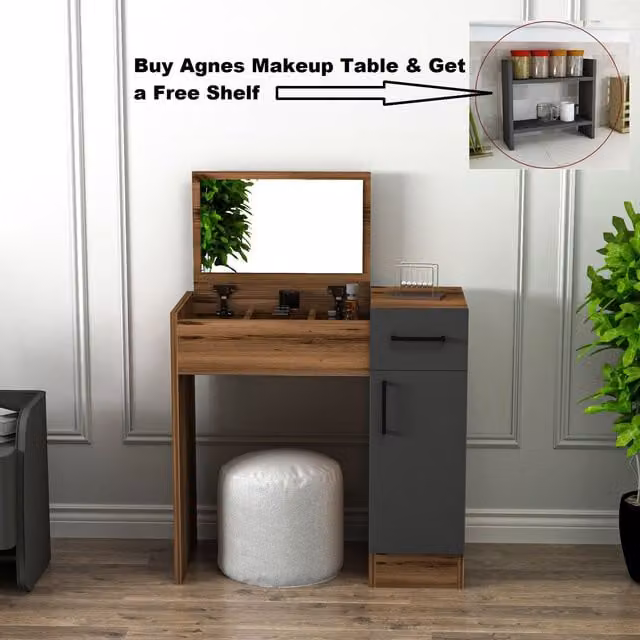 Destina Home Agnes Dressing Table with Mirror, Shelves and Drawer in Brown, Width: 74.2 cm, Height: 107.5 cm, Depth: 37.6 cm