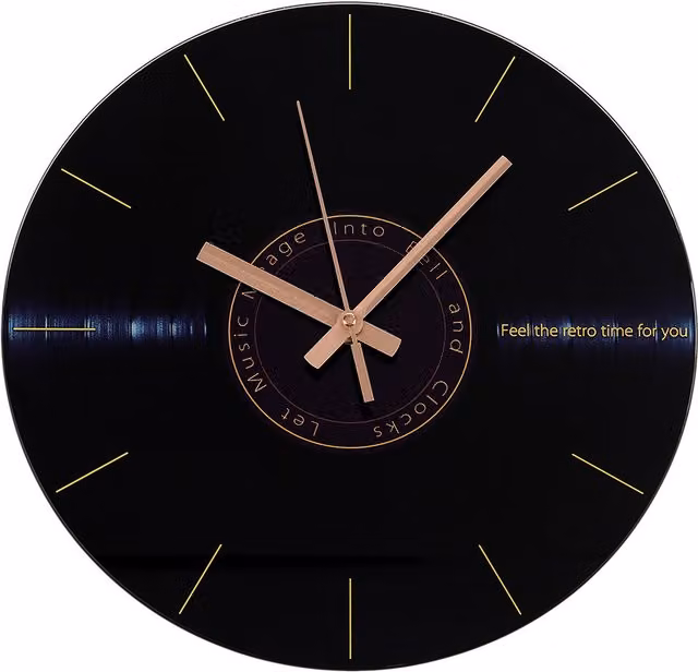 Livingandhome Retro Vinyl Record Style Round Glass Wall Clock in Black
