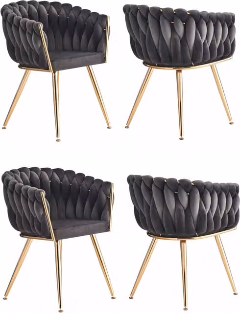Life Interiors Set of 4 Roma Knot Velvet Dining Chairs with Armrests in Grey and Gold