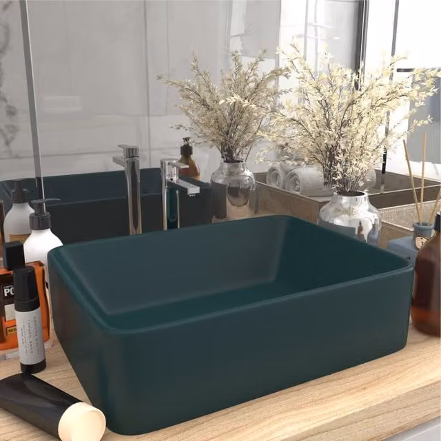 Berkfield Home Luxury Ceramic Rectangular Countertop Wash Basin in Matt Dark Green, W: 41 cm, D: 30 cm, H: 12 cm