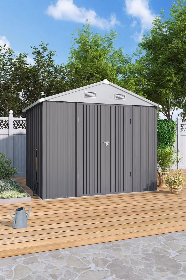 H&O Direct Lockable Steel Outdoor Tool Storage Shed in Grey with Side Vent and Gable Roof, W: 182.88 cm, D: 181.2 cm, H: 194.0 cm