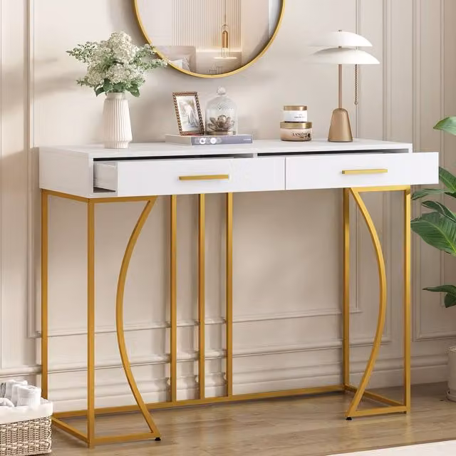 Merax White and Gold Console Table with 2 Drawers, W: 110 cm, D: 32 cm, H: 85 cm
