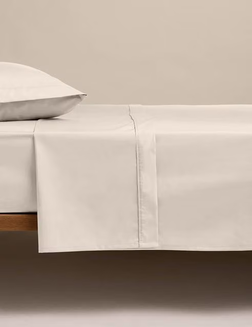 M&S Egyptian Cotton 230 Thread Count Plain Flat Sheet Linen in Beige, W/D/H: 90 x 190 cm