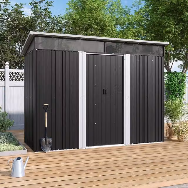 Lifeideas Metal Pent Garden Shed with Acrylic Windows and Sliding Doors in Charcoal Black and White, W/D/H: 260 x 132 x 202 cm
