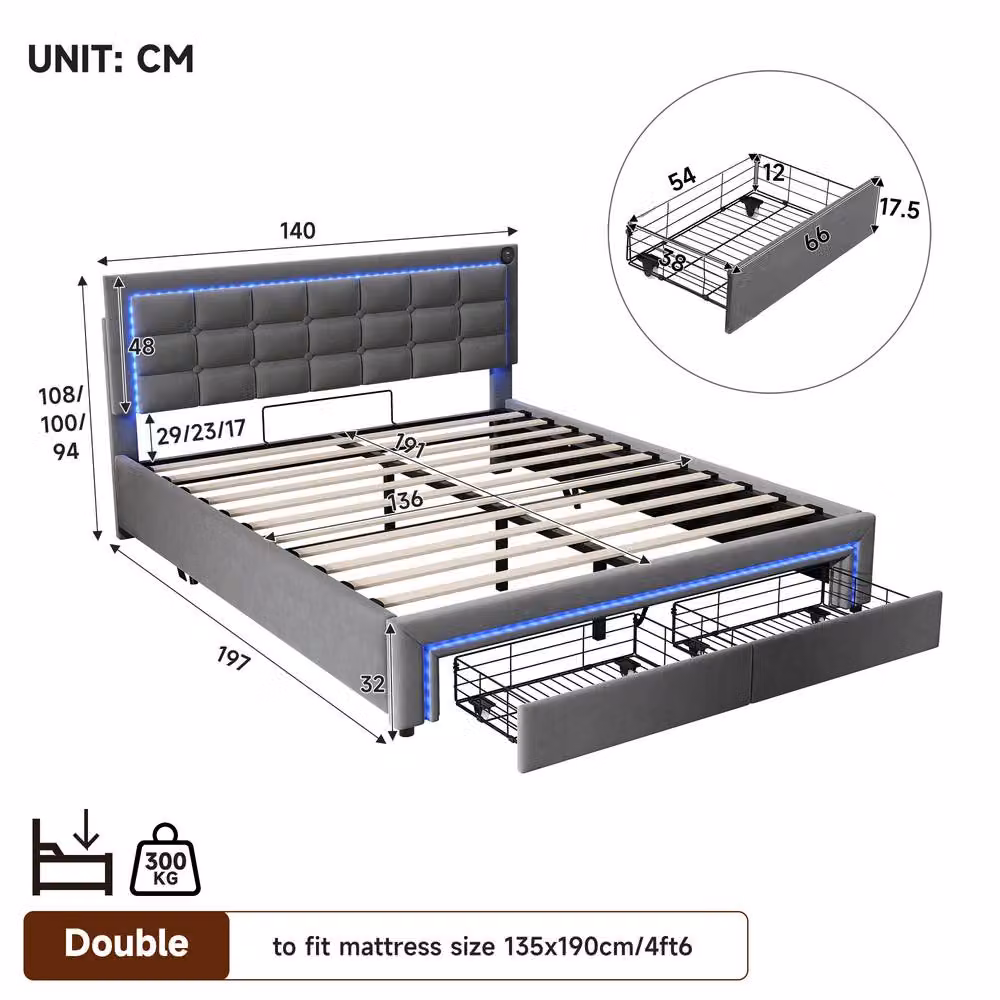 BTM Grey Velvet Double Storage Bed with LED Lighting, USB Charging Ports, Hydraulic Lift and Drawers, W/D/H: 140 x 200 cm – 7