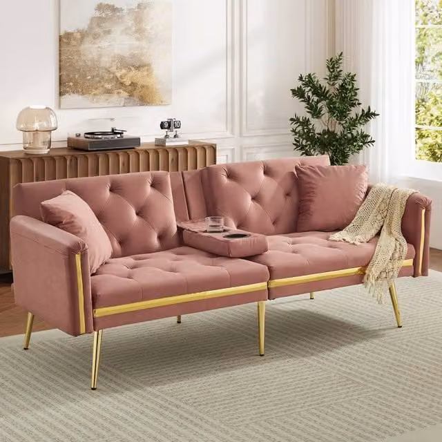 Merax Pink Velvet Sofa Bed with Gold Trim and Fold-Down Cup Holders, W: 174 cm, H: 76 cm, D: 71.5 cm