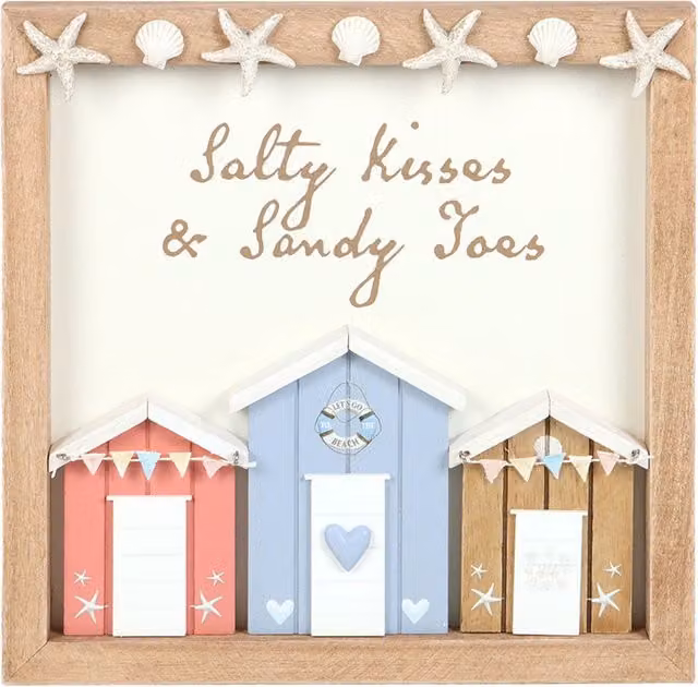 Something Different Salty Kisses And Sandy Toys Shell Beach Hut Plaque, Multicoloured Wood