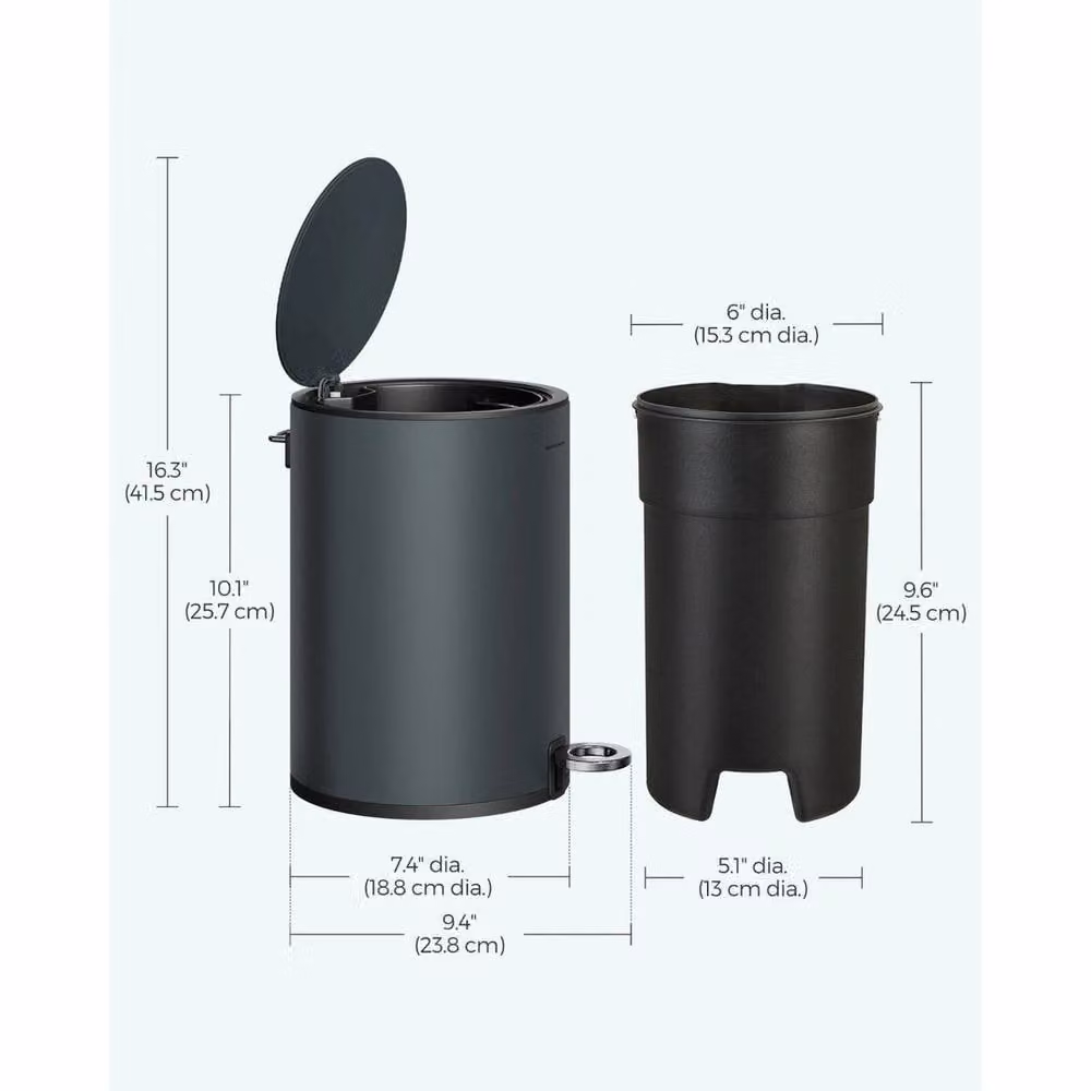 Kelvenix Grey Pedal Bathroom Bin with Soft-Close Lid and Removable Inner Bucket, H: 41.5 cm, W: 23.8 cm, D: 3.0 cm – 2