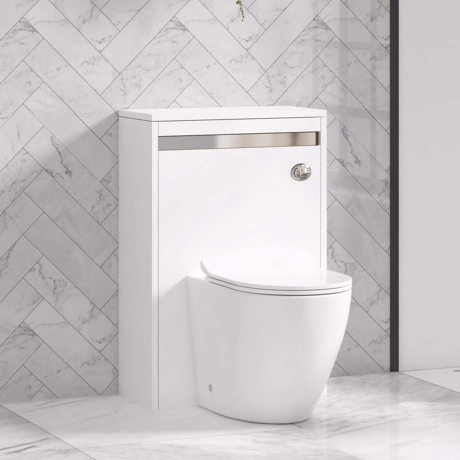 Royal Bathrooms Orion Matt White BTW WC Unit with Elva Rimless Ceramic Toilet Pan, Slim Soft Close Seat and Cistern with Chrome Accent Trim, Width: 54 cm