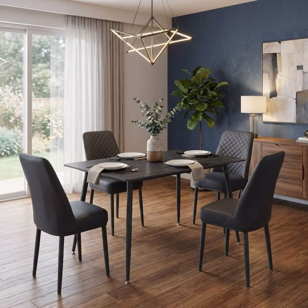 HOME LUXE INTERIOR Oxford Black Ceramic Rectangular Dining Table and 4 Black Upholstered Chairs Set – 2