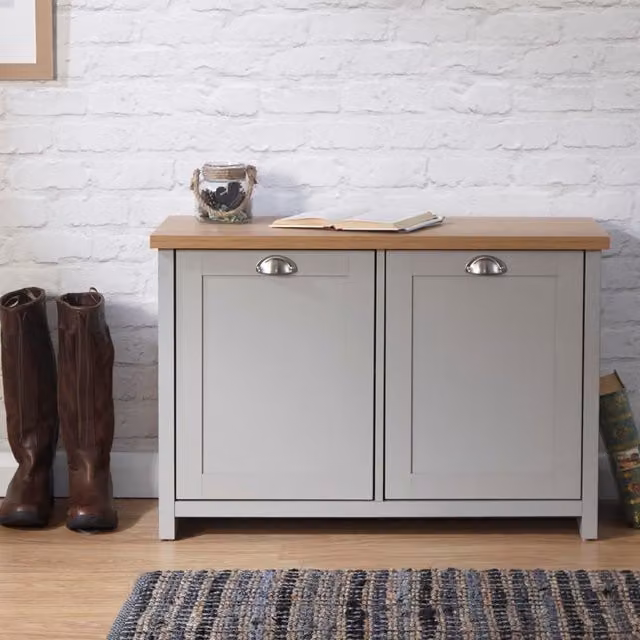 GFW Lancaster 2 Door Shoe Cabinet in Grey and Blue Lacquered Wood – 1