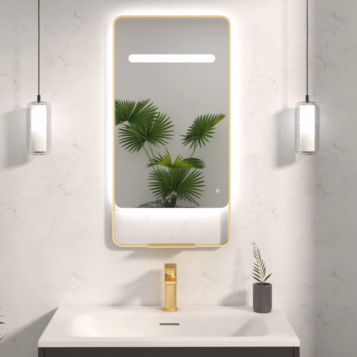 Royal Bathrooms Verona LED Framed Mirror in Gold with Integrated Light Bar, Demister Pad and Touch Sensor, W: 90.0 cm, D: 46.0 cm