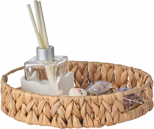 Eden & Willow Round Water Hyacinth Woven Serving Tray with Handles in Natural Brown and Beige
