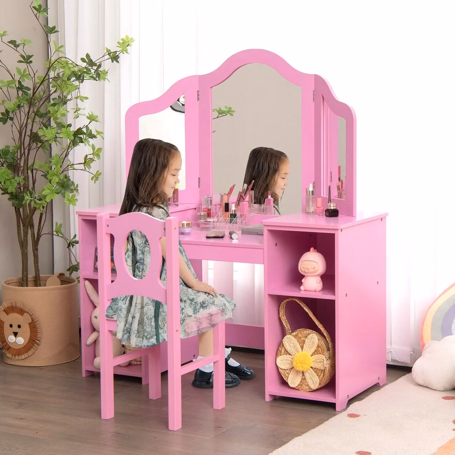 Gymax 2-in-1 Kids Vanity Table and Chair Set with Removable Tri-fold Mirror in Pink – 2