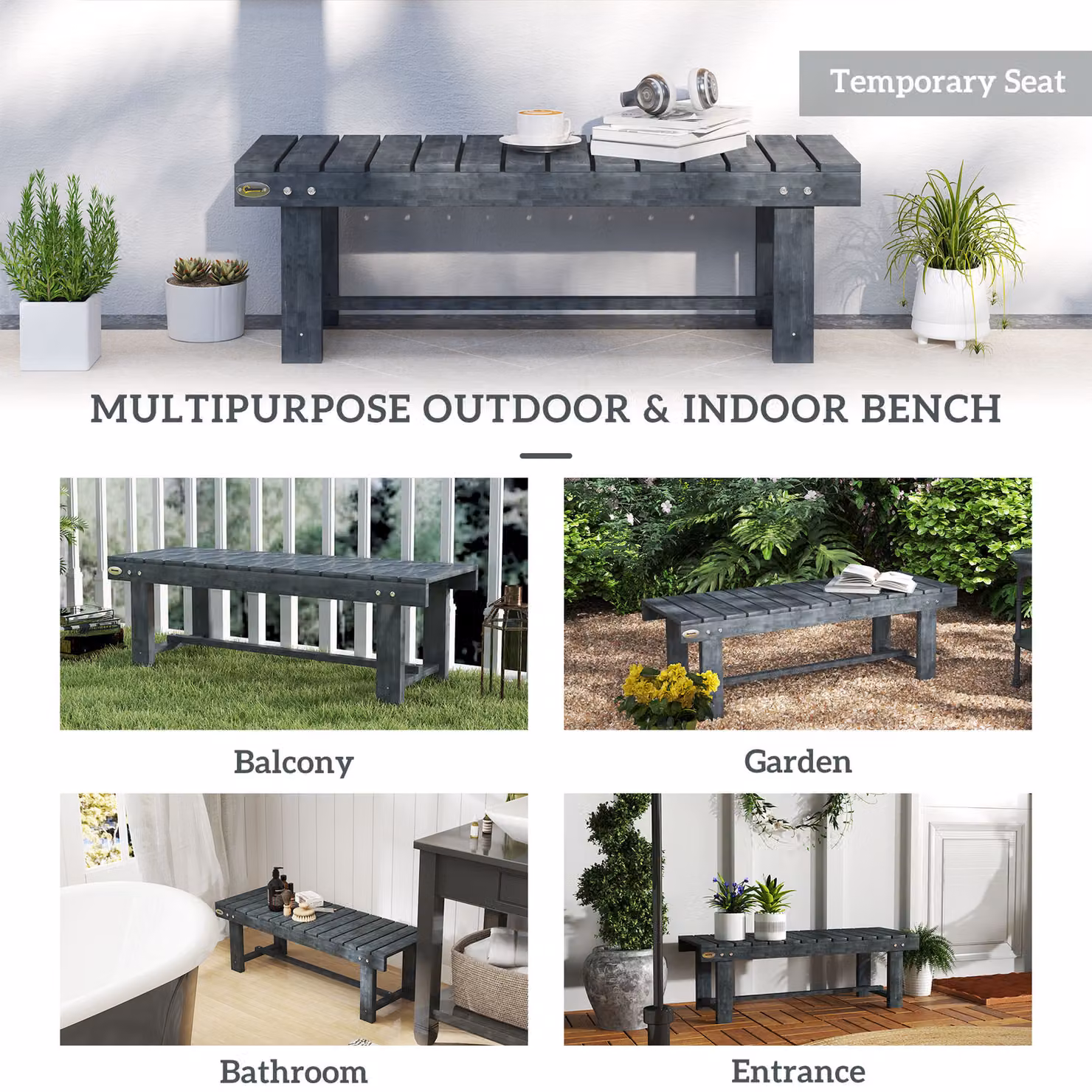 Outsunny 2-Seater Modern Grey Lacquered Treated Hardwood Garden Bench – 6