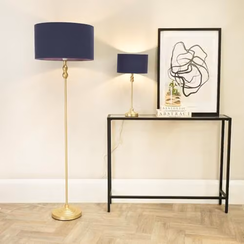 ValueLights Gold Metal Candlestick Floor Lamp with Navy Blue Fabric Drum Shade and Included LED Bulb – 2