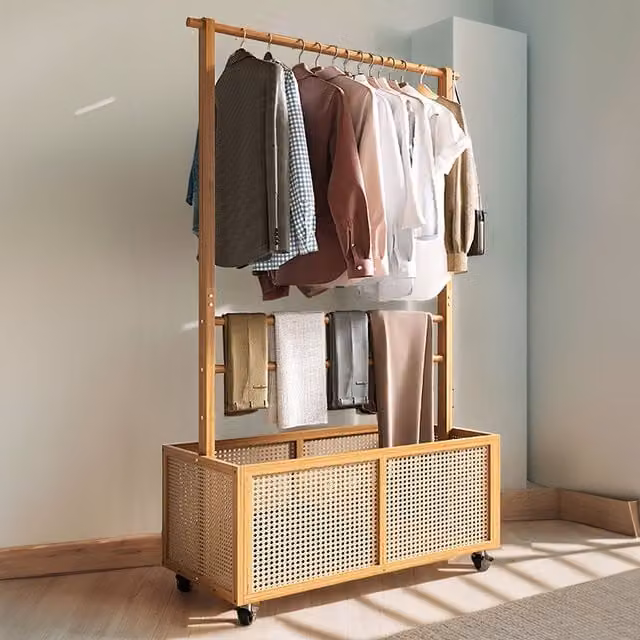 Livingandhome Freestanding Bamboo Clothes Rail with Storage Basket in Wood Colour