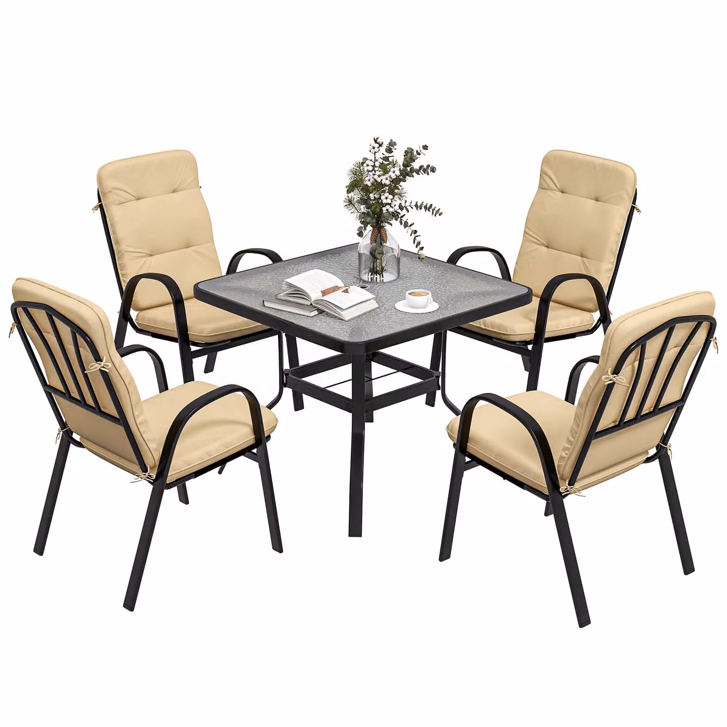 OUTSUNNY Modern Garden Dining Set with Beige Glass Table and Umbrella Hole – 2