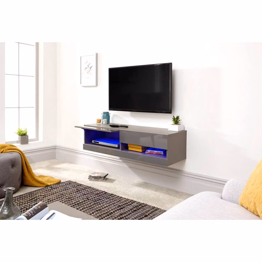FORGEVIO Minimalist Wall Mounted Grey Glossy TV Unit with Integrated LED Lighting and Media Compartments, Width: 120 cm – 2