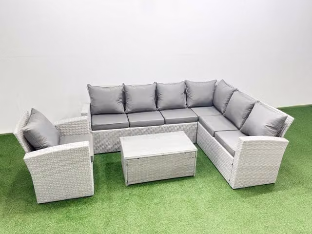 Fimous Garden 7 Seater Rattan Outdoor Furniture Set in Light Grey with Upholstered Cushions