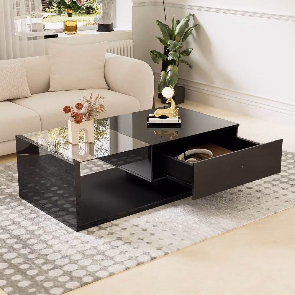 BTM Modern High Gloss Rectangular Coffee Table with Glass and LED in Black and White, W/D/H: 55 x 32.5 x 30 cm – 2