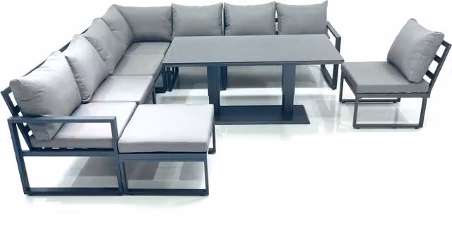 Fimous 9 Seater Outdoor Garden Furniture Set with Corner Sofa, Big Footstool and Height Adjustable Dining Table in Dark Grey