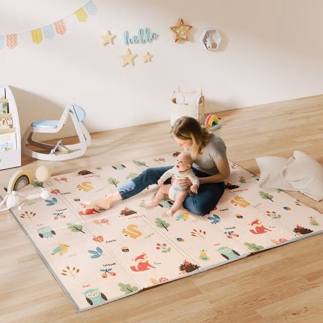 AIYAPLAY Reversible Double-Sided XPE Foam Baby Play Mat in Multicolour and Pink with Kids Motif for Bedrooms and Children's Rooms