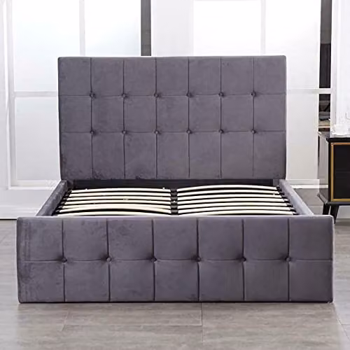 Kosy Koala Milano Grey Velvet Ottoman Storage Bed Frame with Gas Side Lift and Cushioned High Headboard, Small Double, W/D/H: 120 x 200 x 133 cm – 2