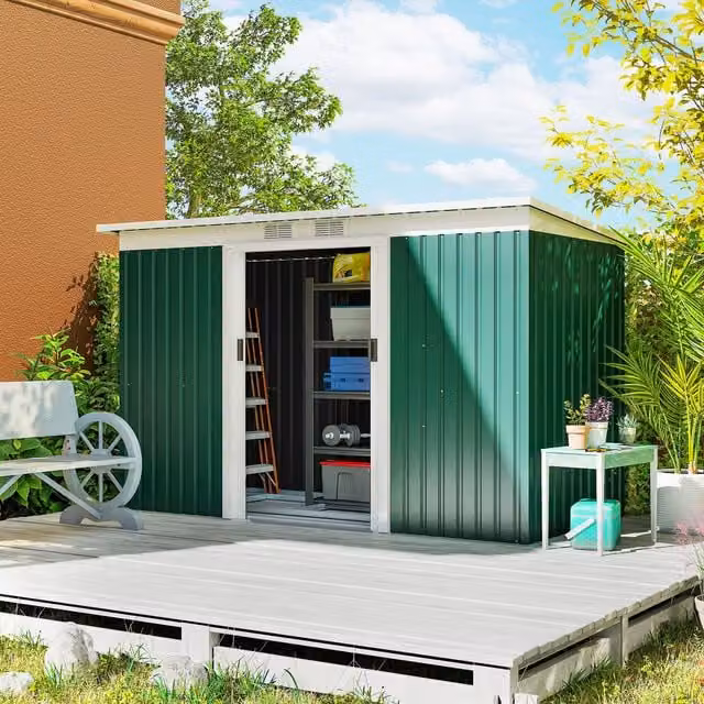 OUTSUNNY Dark Green Metal Garden Storage Shed with Sliding Doors and Window