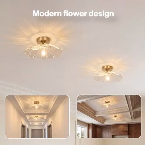 Emitto 2 Pack Modern Flush Mount Ceiling Chandelier with Transparent Glass and Copper Metal Finish, D27 x H13 cm – 2