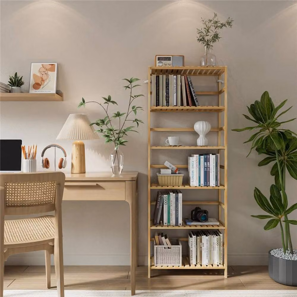 ERGOVEXA Tall Bamboo Storage Rack and Plant Stand in Natural Brown with Adjustable Shelves – 4