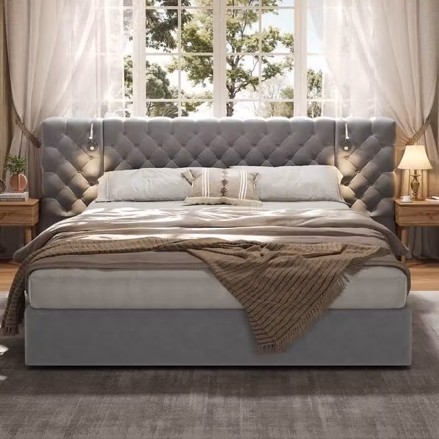 ModernLuxe Grey Velvet King Ottoman Bed with Wide Headboard and Integrated Reading Light – 1