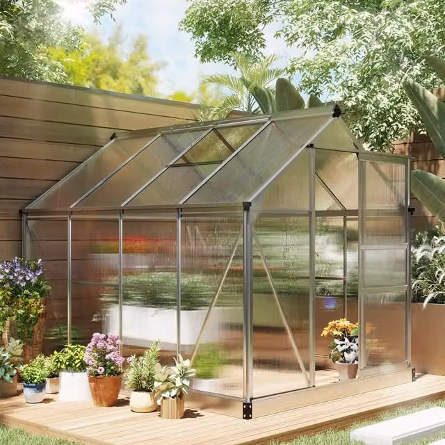 Outsunny Aluminium and Polycarbonate Walk-In Garden Greenhouse with Sliding Doors in Silver