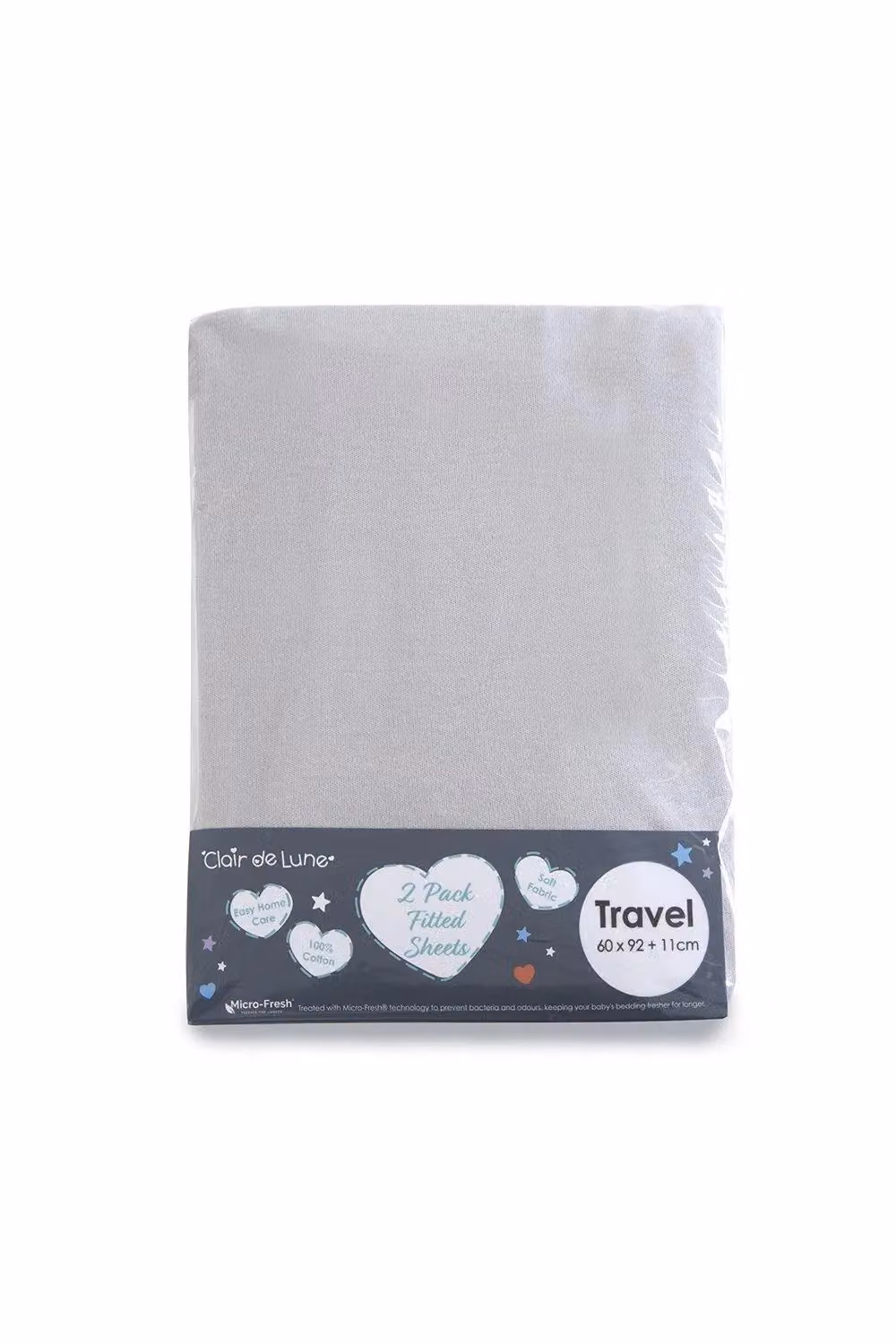 Clair de Lune Micro-Fresh 2 Pack Grey Cotton Jersey Fitted Travel Cot Sheets, W: 92 cm, D: 60.5 cm – 2