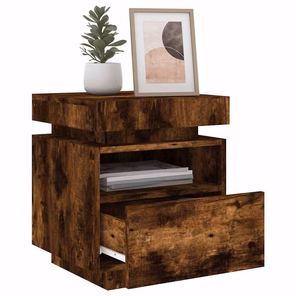 Berkfield Home Decorative Bedside Cabinet with Integrated LED Lights, Smoked Oak, Brown, W: 40 cm, D: 39 cm, H: 48.5 cm – 4