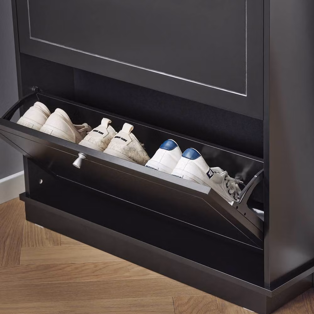 SoBuy Slim Modern Black Matt Shoe Cabinet with Tilting Compartments and Internal Shelves – 4