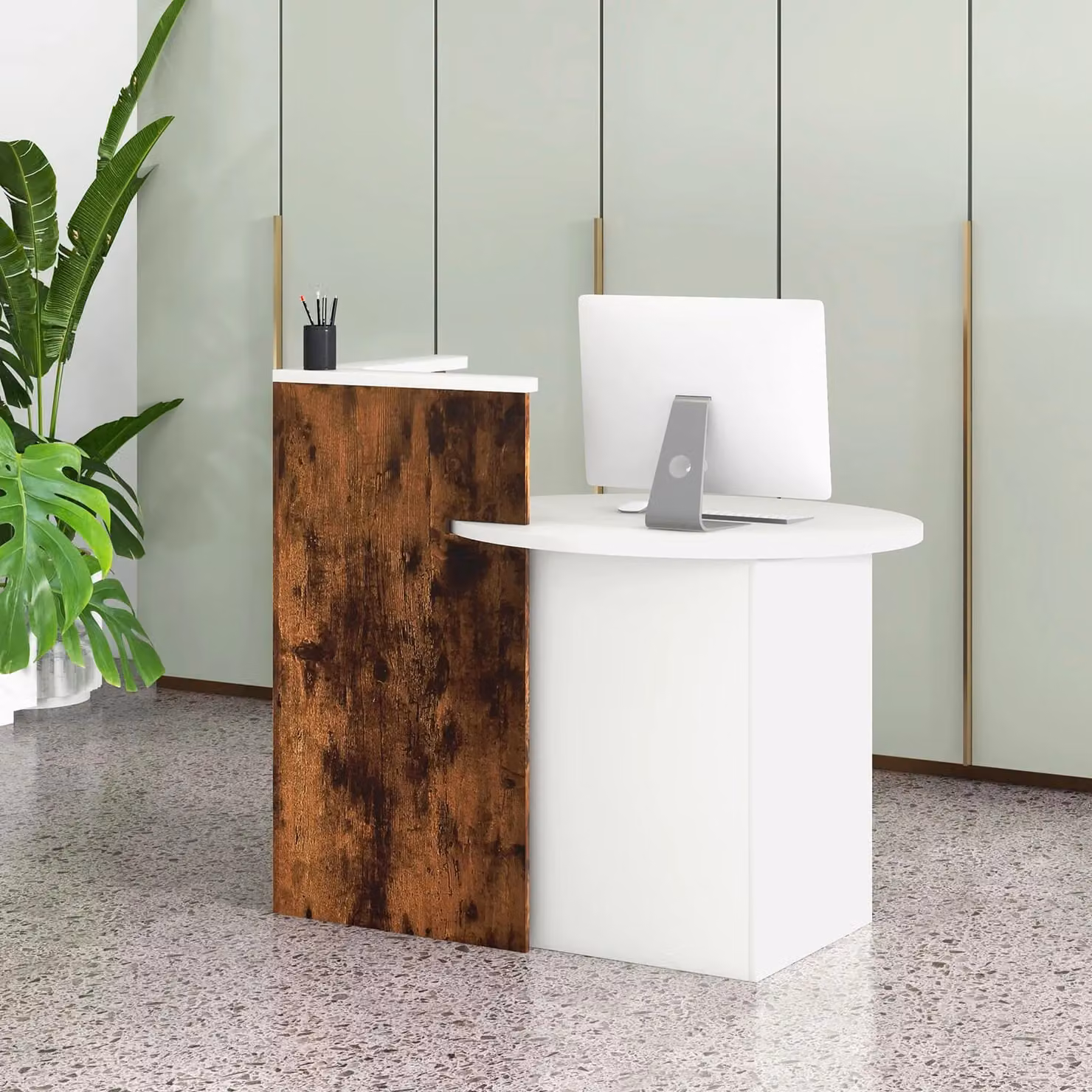 Costway Modern White Reception Desk with Lockable Drawer and MDF Laminate Finish – 8