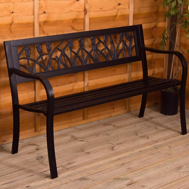 Vida Designs Classic Floral Garden Bench in Matt Black Metal and Plastic
