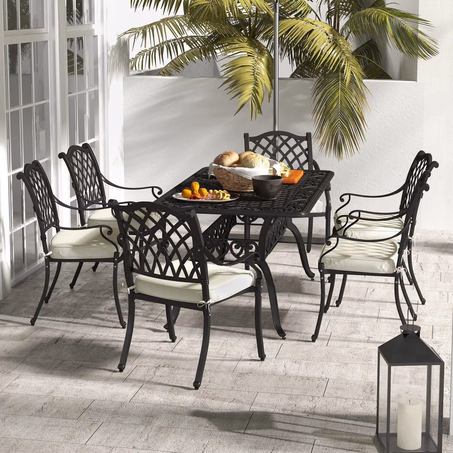 Outsunny 7 Piece Black Powder Coated Aluminium Patio Dining Set with Rectangular Table and Umbrella Hole – 2