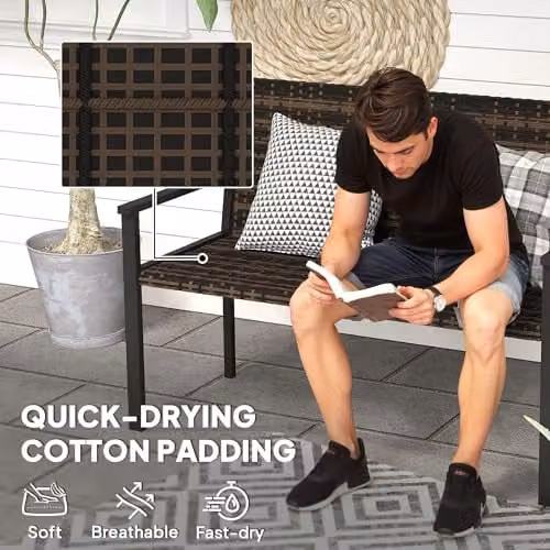 Outsunny 2 Seater Rattan Garden Bench with Quick-Drying Padding in Brown, W: 120 cm, D: 60 cm, H: 85 cm – 5