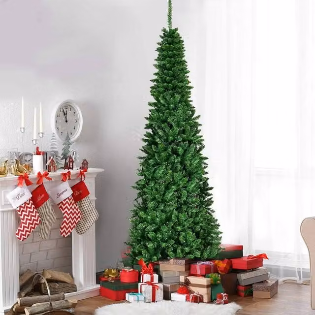 Shatchi Pre-Lit Artificial Slim Green Pencil Christmas Tree with Warm White LEDs and Metal Stand, Height: 152.4 cm – 1