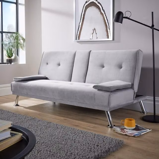 Home Source Double Sofa Bed in Light Grey Crushed Velvet with Metal Legs and Sleeping Function, 140 x 200 cm