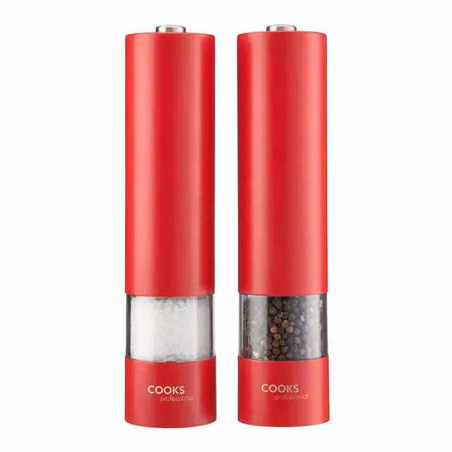 Cooks Professional Electric Salt and Pepper Mill Set, Stainless Steel Automatic Grinders in Red – 2
