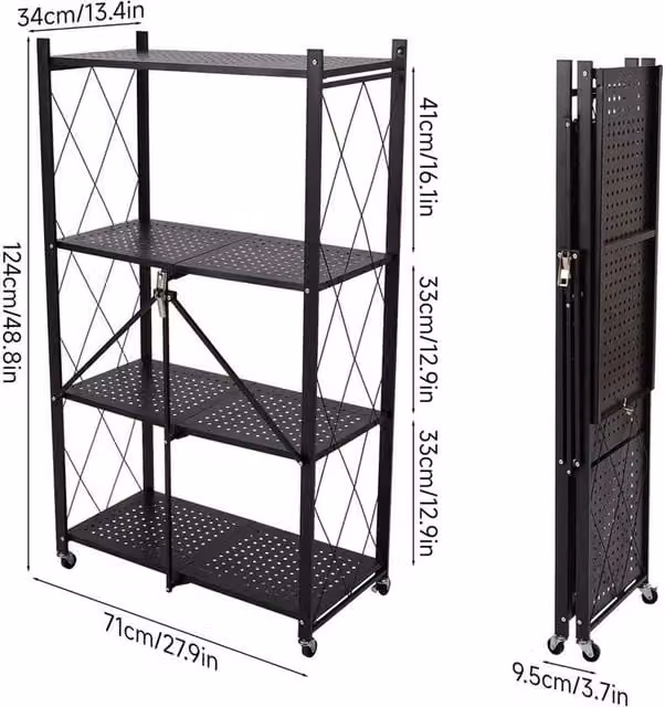 FORGEVIO Black 4-Tier Folding Kitchen Storage Shelf with Walnut Wood and Matt Metal Finish – 1