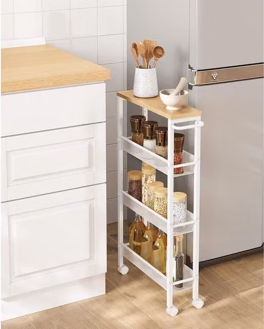 The Bazaarist 4-Tier Rolling Metal and Wood Storage Cart with Handle in Oak and White