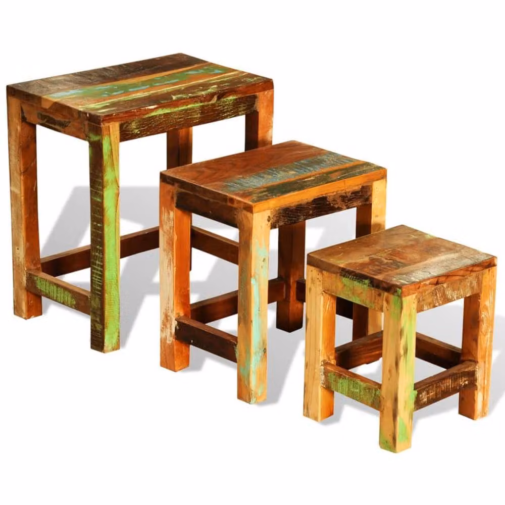Berkfield Home 3 Piece Nesting Table Set in Vintage Brown Waxed Reclaimed Wood – 3