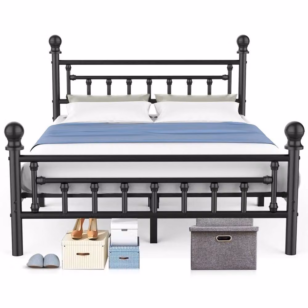 FLAVORA Heavy Duty Metal King Size Bed Frame with Headboard and Footboard in Black – 4