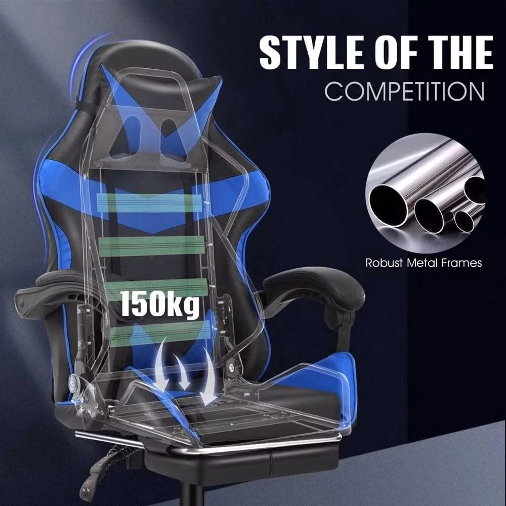 FLAVORA Blue Tilt Faux Leather Swivel Gaming Office Chair with Headrest and Armrests – 5